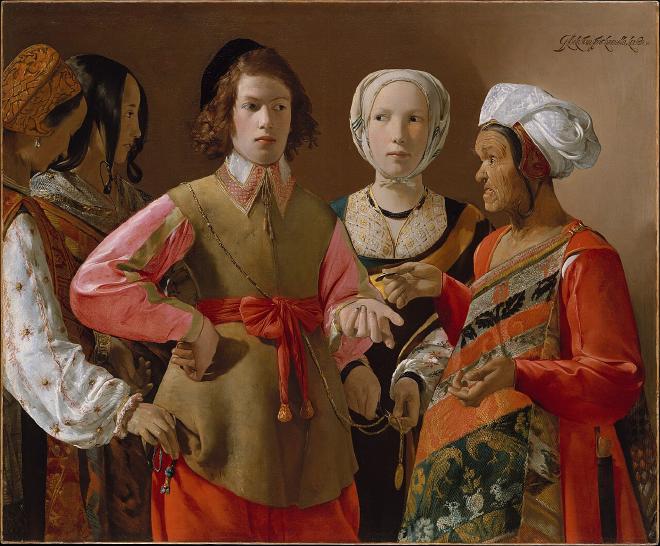 喬治·德·拉突爾(Georges de La Tour)的《算命者》(約 1630 年代):老婦人替少年看相看得專注,她的同夥正忙著剪他的錢袋。那場「看相」從頭到尾就是讓你分心的動作。(圖片:Georges de La Tour/Wikimedia Commons,公有領域)